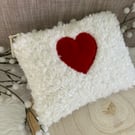 Boucle Teddy Fluffy Zipped Purse, Heart Applique, Cosmetic Bag, Accessory Purse