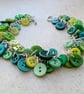 Green button bracelet with silver plated chain and toggle clasp - Image 3