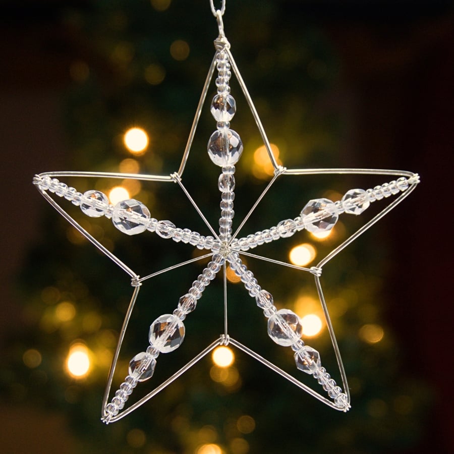 Set of Three Beaded Wire Star Decorations - Silver with Glass Crystal Facets