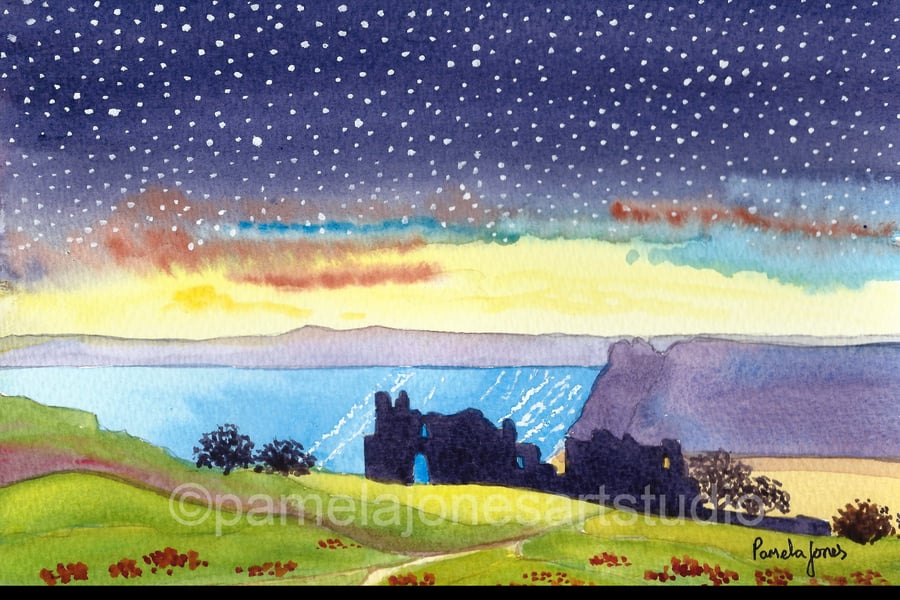 Starry Night, Pennard Castle, Gower, Watercolour Print in 14 X 11'' Mount