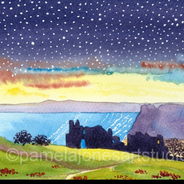 Starry Night, Pennard Castle, Gower, Watercolour Print in 14 X 11'' Mount