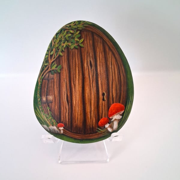 Brown Wooden Fairy Door Rock Art with Mushrooms