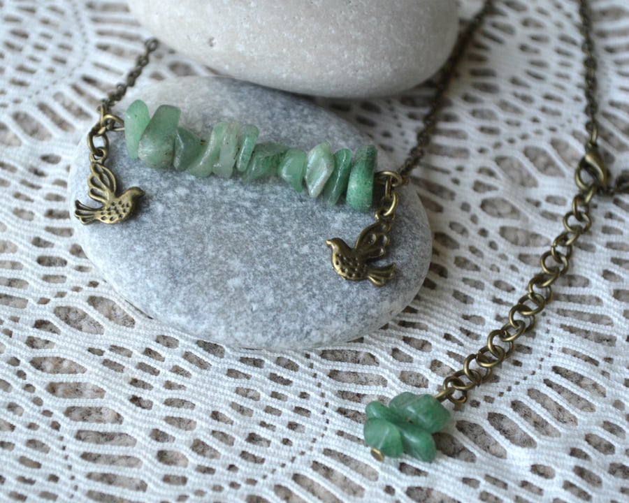 Jade Chip Bead Necklace with Bird Charms