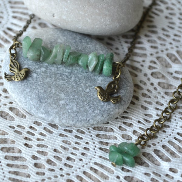 Jade Chip Bead Necklace with Bird Charms