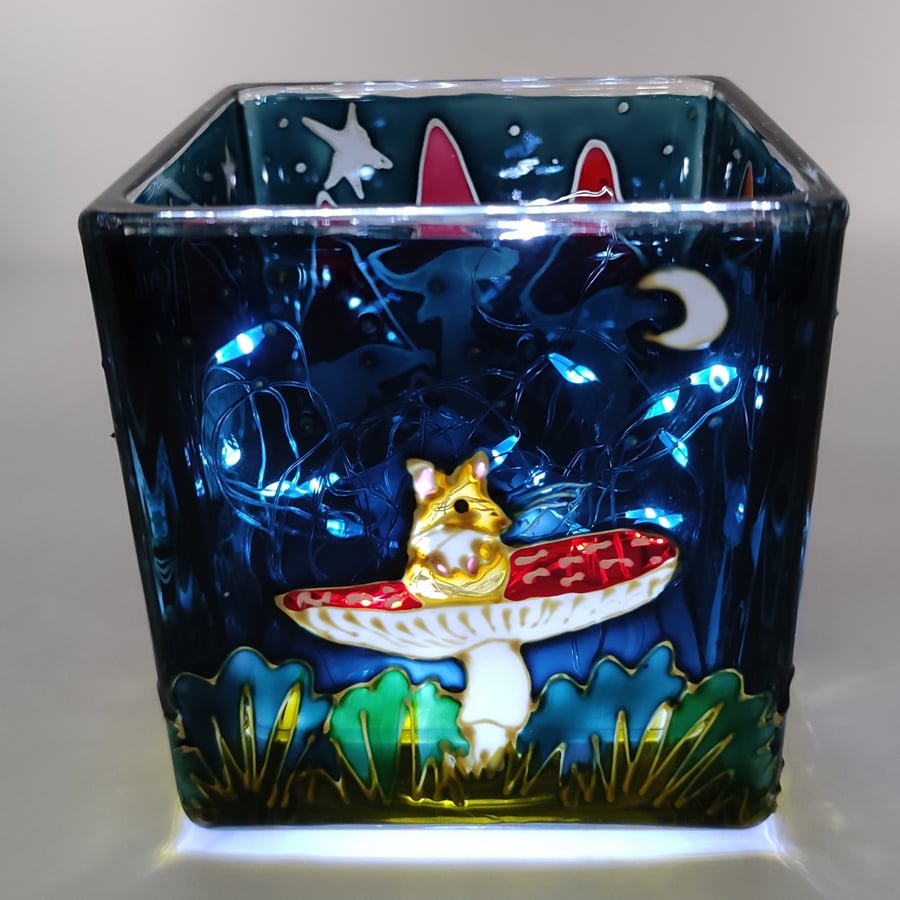 Candle holder, hand painted glass, mice, mushrooms, toadstools, stars and moon