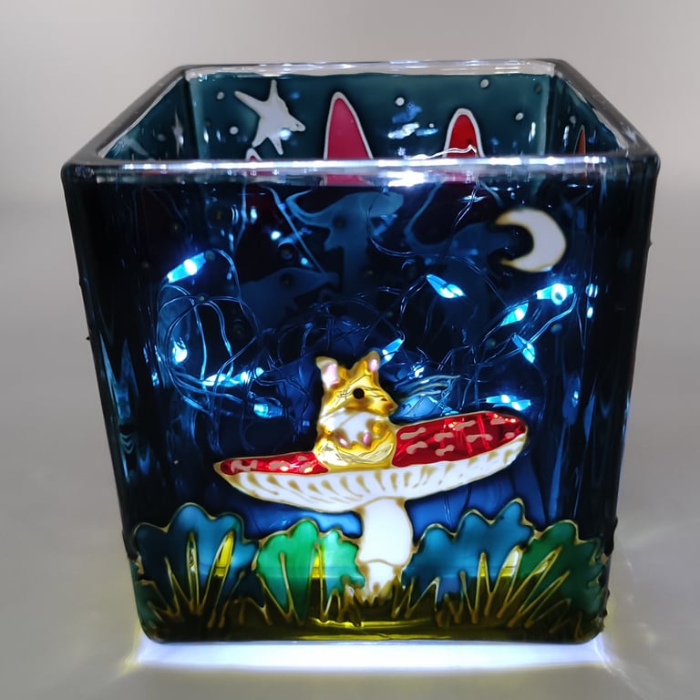 Candle holder, hand painted glass, mice, mushrooms, toadstools, stars and moon