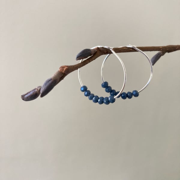 Blue Beaded Hoop Earrings, sterling silver