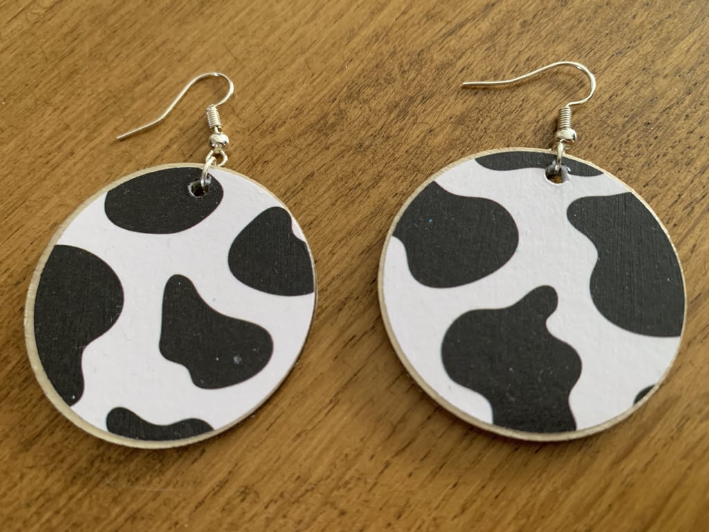 Wooden Earrings Cow Cartoon and Black White Double Sided Ear Hooks