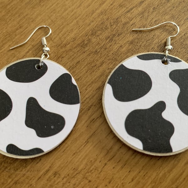Wooden Earrings Cow Cartoon and Black White Double Sided Ear Hooks