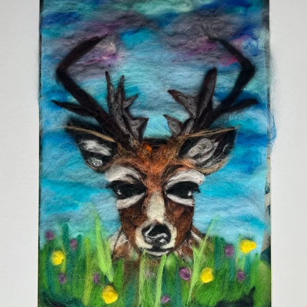 Stag in a meadow wool painting 