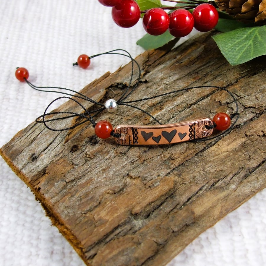 Copper Bar Bracelet with Hearts Pattern on Waxed Cord with Carnelian
