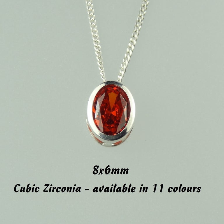 11 colours - Sterling silver 8x6mm oval slider floating Cubic Zirconia necklace