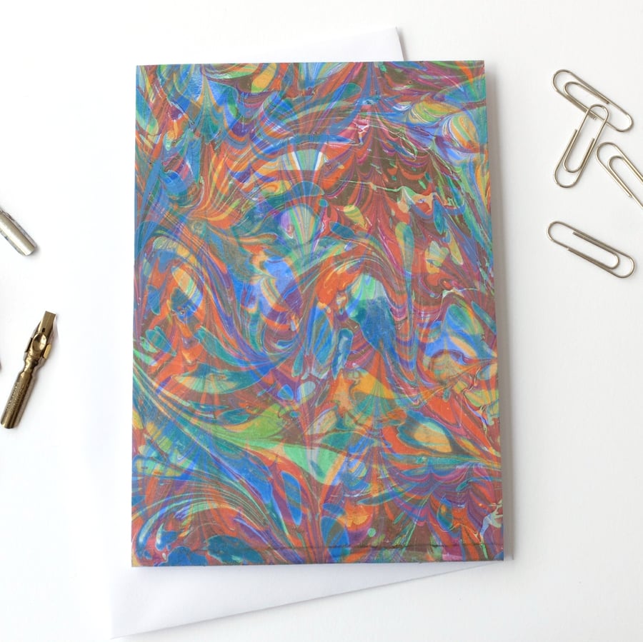 Unique marbled paper art greetings card metallic double marbled pattern