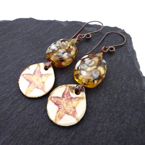 copper, lampwork glass and ceramic starfish earrings