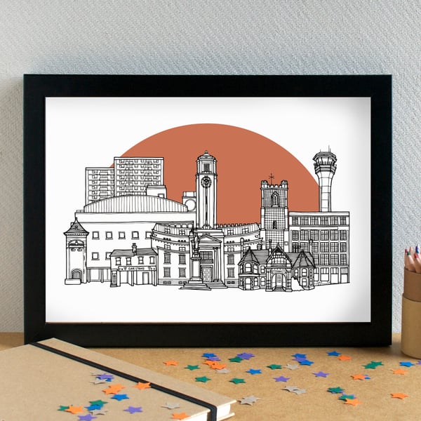 Luton Landmarks Skyline Art Print