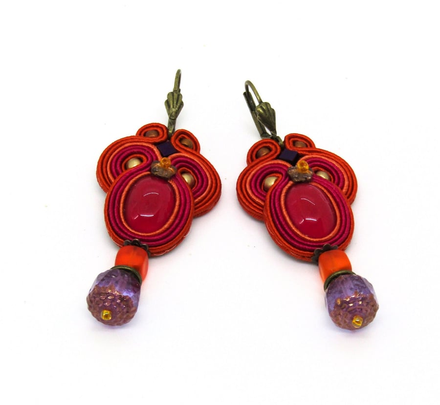 Orange Fuchsia Soutache Earrings Colourful Dangle Statement Jewellery