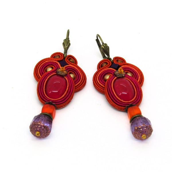 Orange Fuchsia Soutache Earrings Colourful Dangle Statement Jewellery