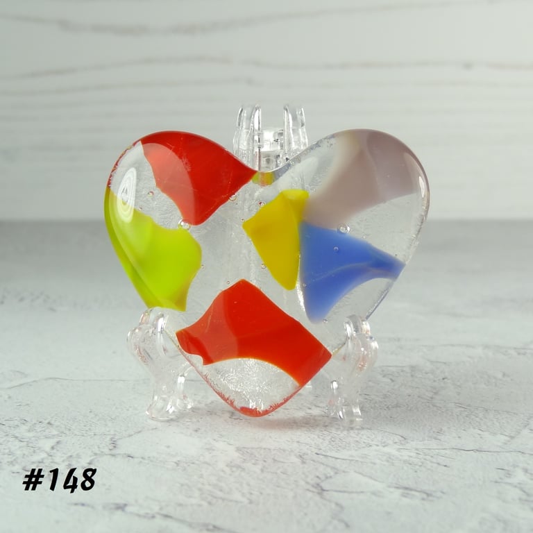 Multicoloured fused glass heart pocket hug with stand 5x4.5cm (148)