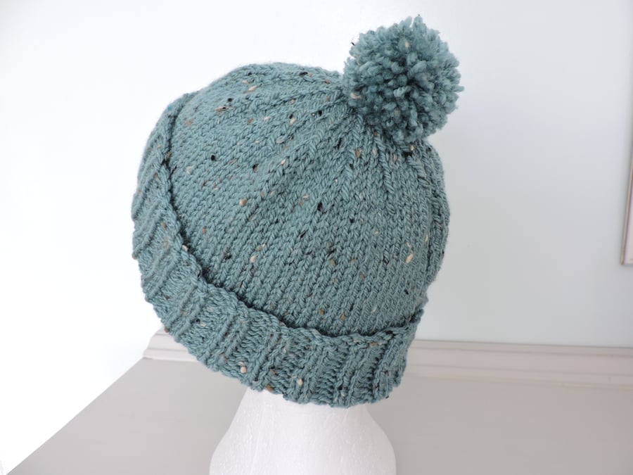 Bobble Hat Hand Knitted Dusky Turquoise Tweed