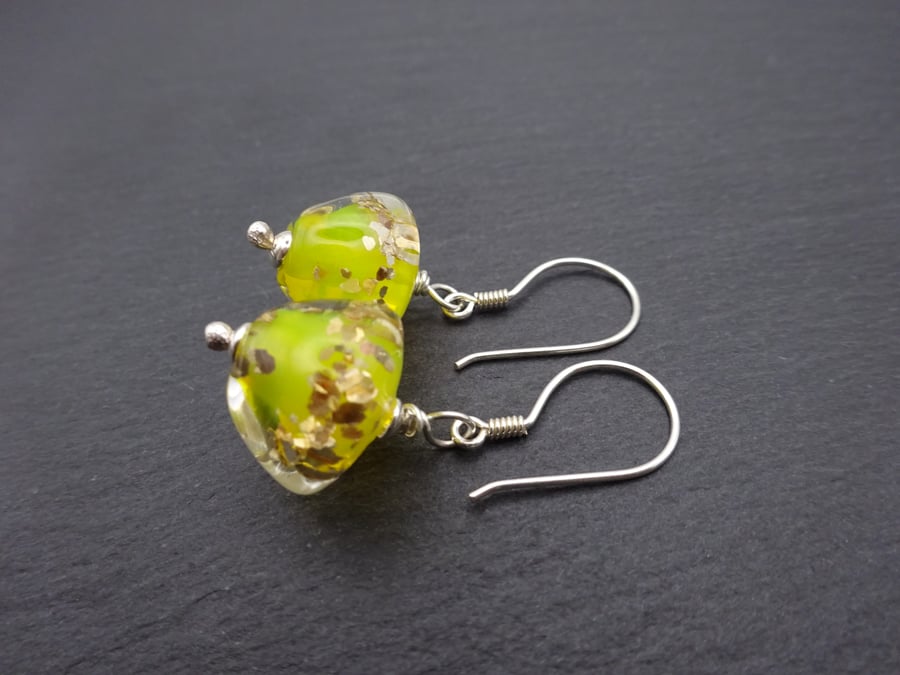 yellow and gold glitter lampwork glass earrings
