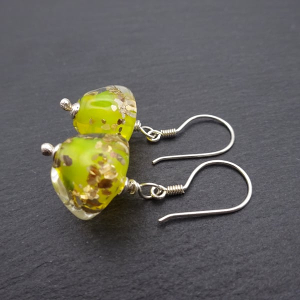 yellow and gold glitter lampwork glass earrings