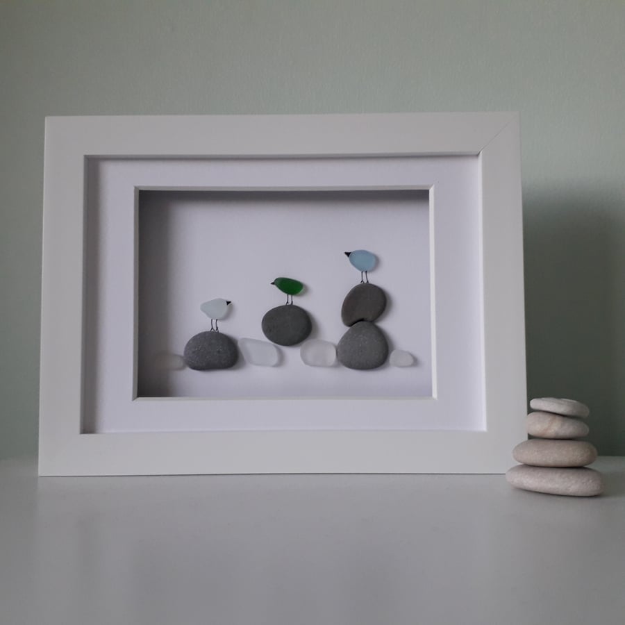 Sea Glass Art, 'Birds at Sea' Framed Picture 6 x 8, 