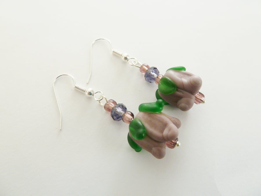 purple lampwork flower earrings