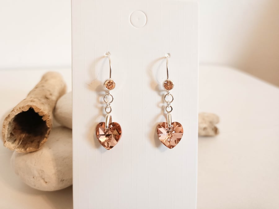 Sterling silver, cubic zirconia, and preciosa Czech crystal heart earrings.
