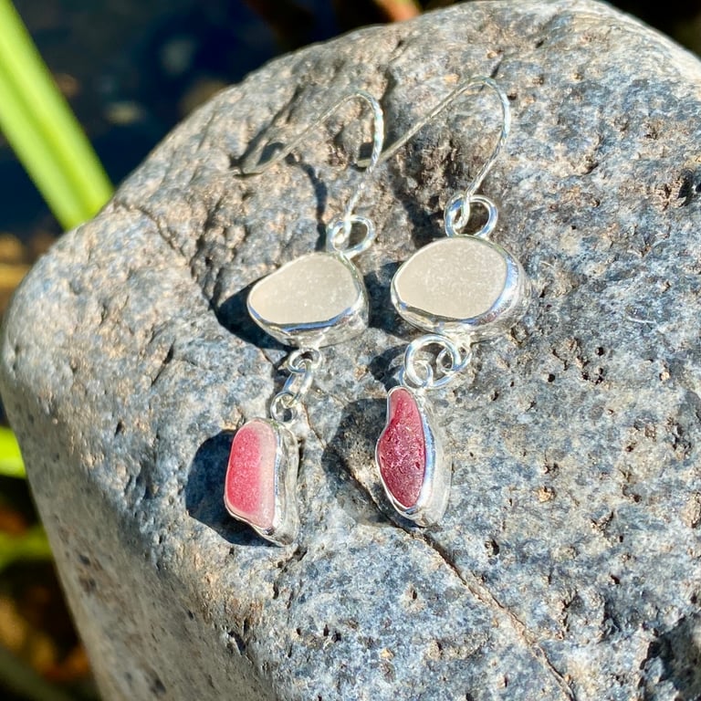 Rare Pink & White Sea Glass Sterling Silver Double Drop Earrings - 1371