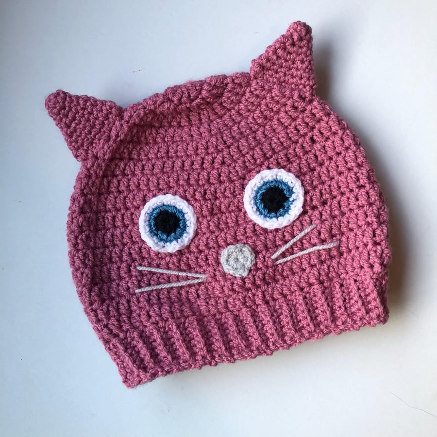 Pink Cat Hat, Kitten Animal Hat, Kitty Crochet Hat, Woolly Crochet Hat, 