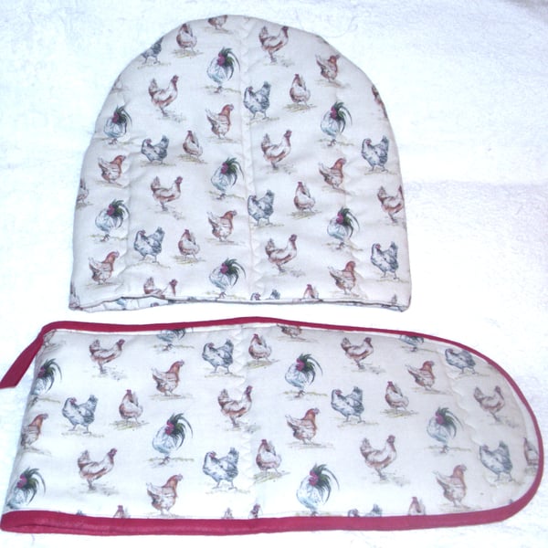 On the Farms chickens Tea cosy and oven glove set