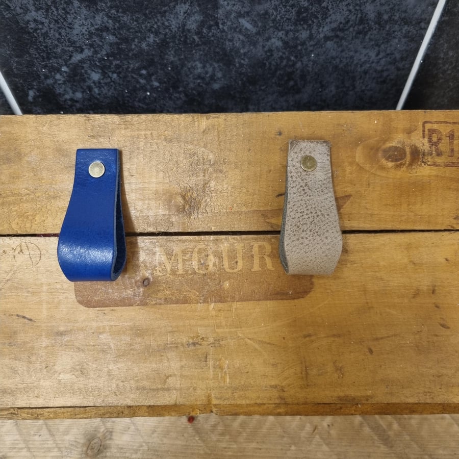 Genuine Leather Drawer Pulls BlueGrey