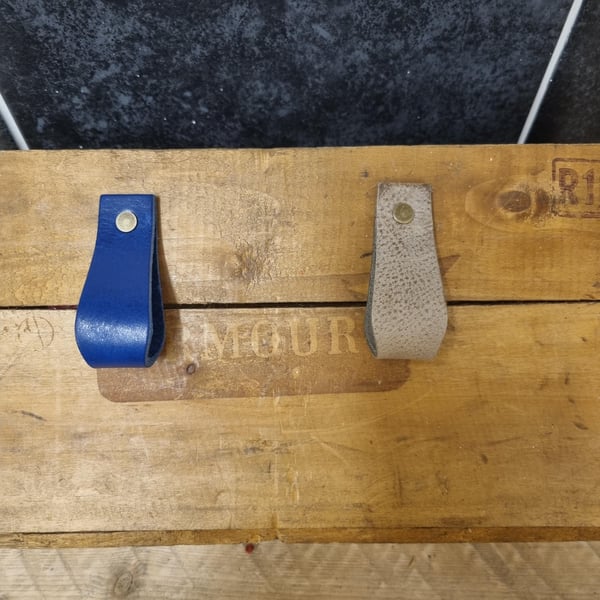 Genuine Leather Drawer Pulls BlueGrey