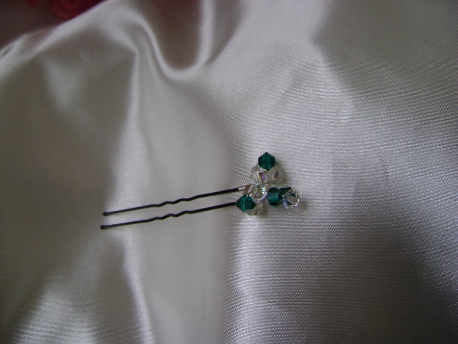 3 Emerald & Crystal Deluxe Hairpins 