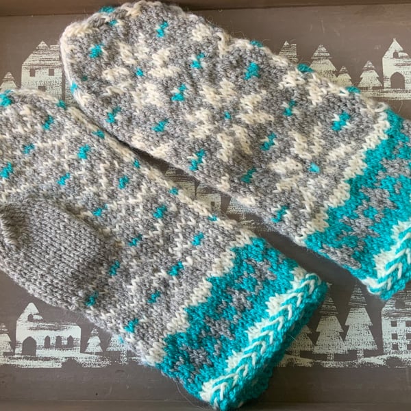 Hand Knitted Women's Winter Snow Crystal Mittens with Latvian Braid