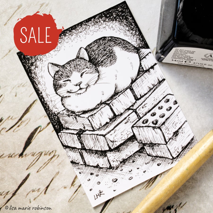 SALE - Sleepy Cat and Bricks ACEO - Inktober 2019 - Day 5 - Ink Drawing Pen Art