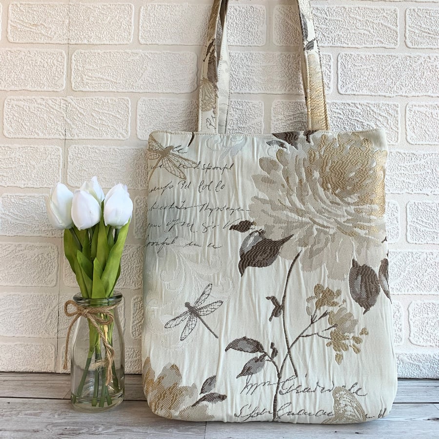 Floral tote bag with dragonflies, a butterfly and script