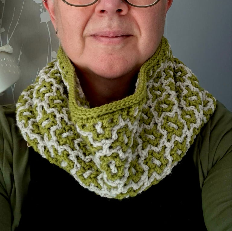 Reversible crocheted cowl in green and grey
