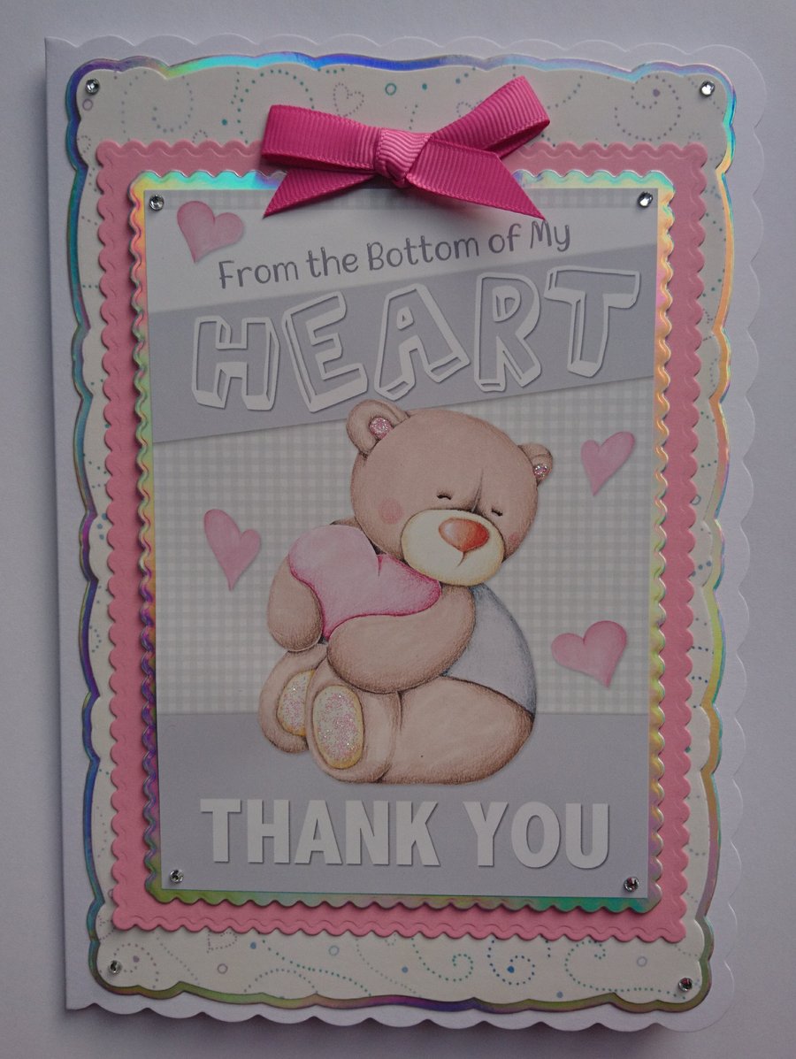 Thank You Card Teddy Bear From The Bottom Of My Heart 3D Luxury Handmade Card