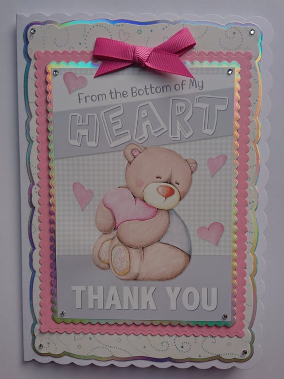 Thank You Card Teddy Bear From The Bottom Of My Heart 3D Luxury Handmade Card