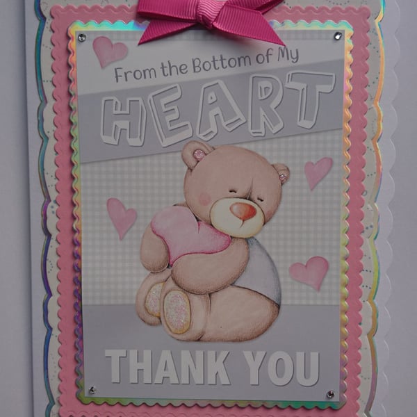 Thank You Card Teddy Bear From The Bottom Of My Heart 3D Luxury Handmade Card