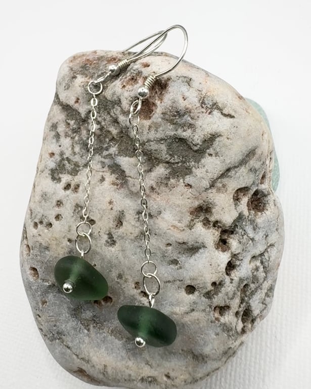 Dainty Emerald green sea glass dangle earrings 