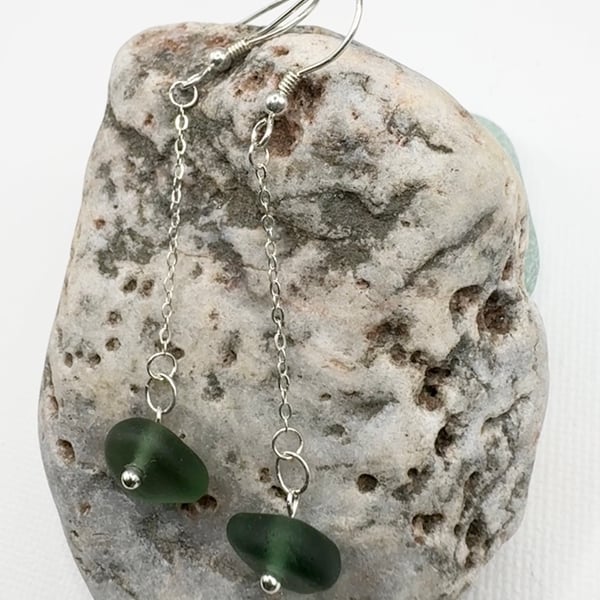 Dainty Emerald green sea glass dangle earrings 