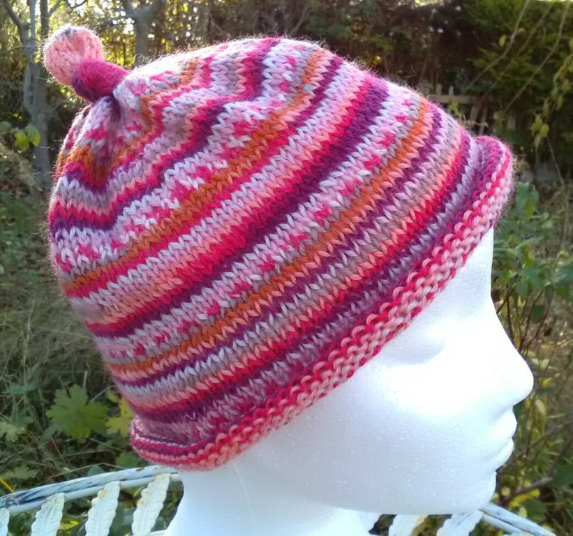 Handknit KNOTTY TOP BEANIE Stripey jacquard multi child teen adult small