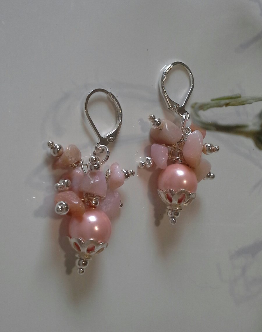 Natural Puruvian Pink Opal & Shell Pearl Silver Plate Earrings