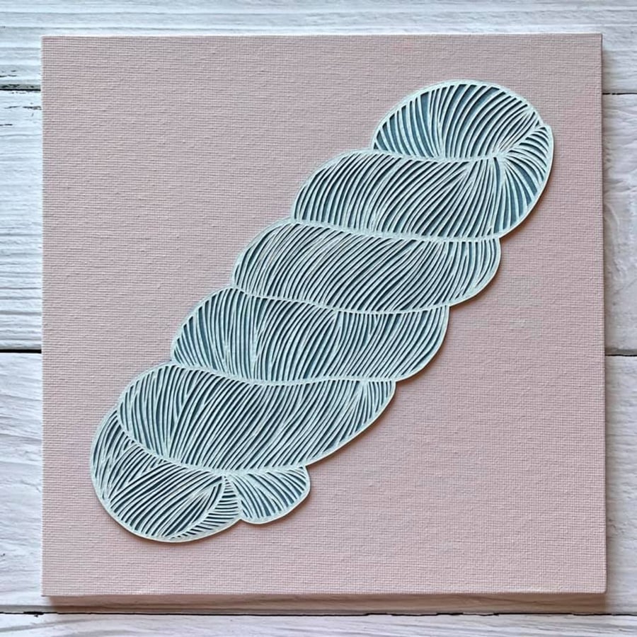 "Skein of Yarn" Original Hand Cut Papercut - Blue on Rose Pink Canvas