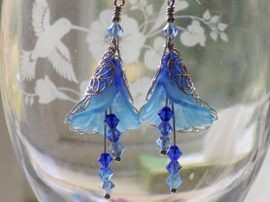 Blue "Hazy Lazy Days" Hand Painted Flower Earrings, Filigree Silver Flower Earri