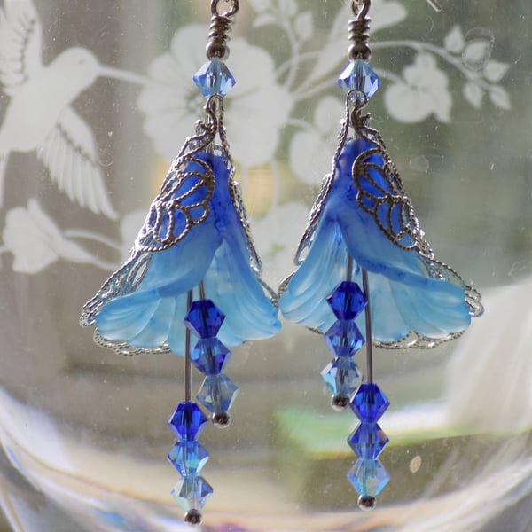 Blue "Hazy Lazy Days" Hand Painted Flower Earrings, Filigree Silver Flower Earri