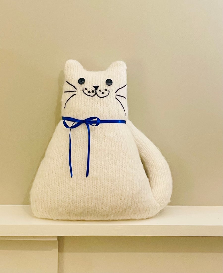 Hand knitted white mohair cat,   collectables, cat shaped cushion    