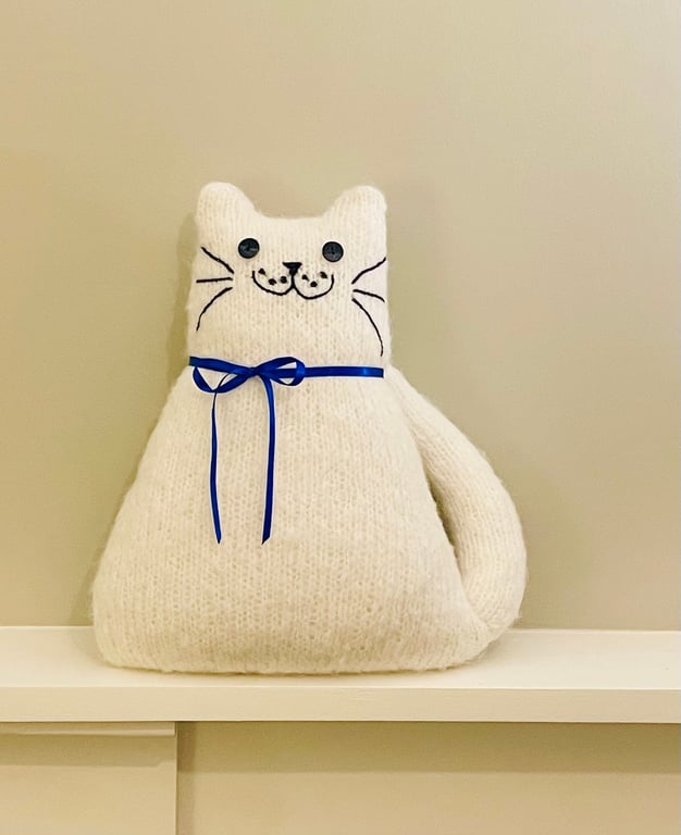 Hand knitted white mohair cat,   collectables, cat shaped cushion    
